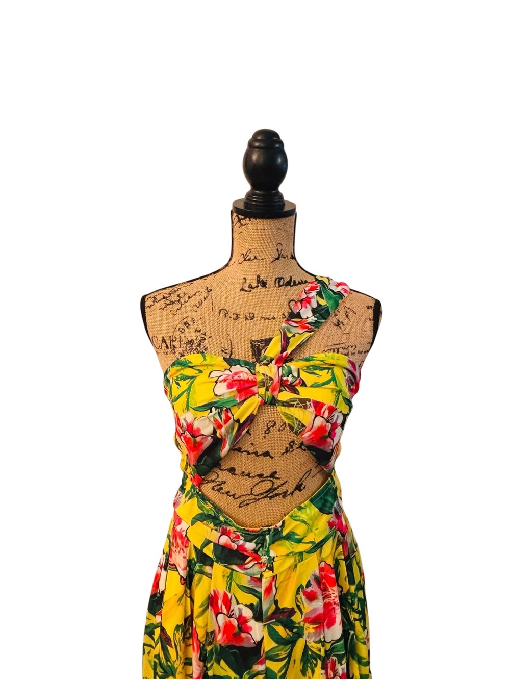 SHEIN Yellow Tropical Floral One-Shoulder Cutout Wide Leg Pants Large 6 0588 - Picture 2 of 9